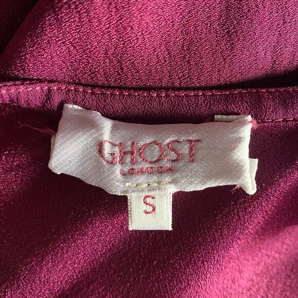 GHOST London Women’s Size Small Viscose Satin Crepe Midi Length Dress Mulberry - Picture 2 of 9